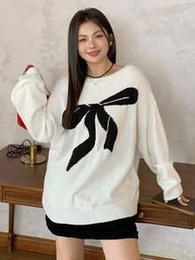 Dazy Plus Fashionable Loose Fit Bow Jacquard Scoop Neck Drop Shoulder Sweater For Young Women, Autumn/Winter - White - View 4