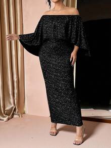 Cravure Đầm ôm body hở vai nhún bèo lấp lánh cỡ lớn cho nữ - màu đen - Xem 1