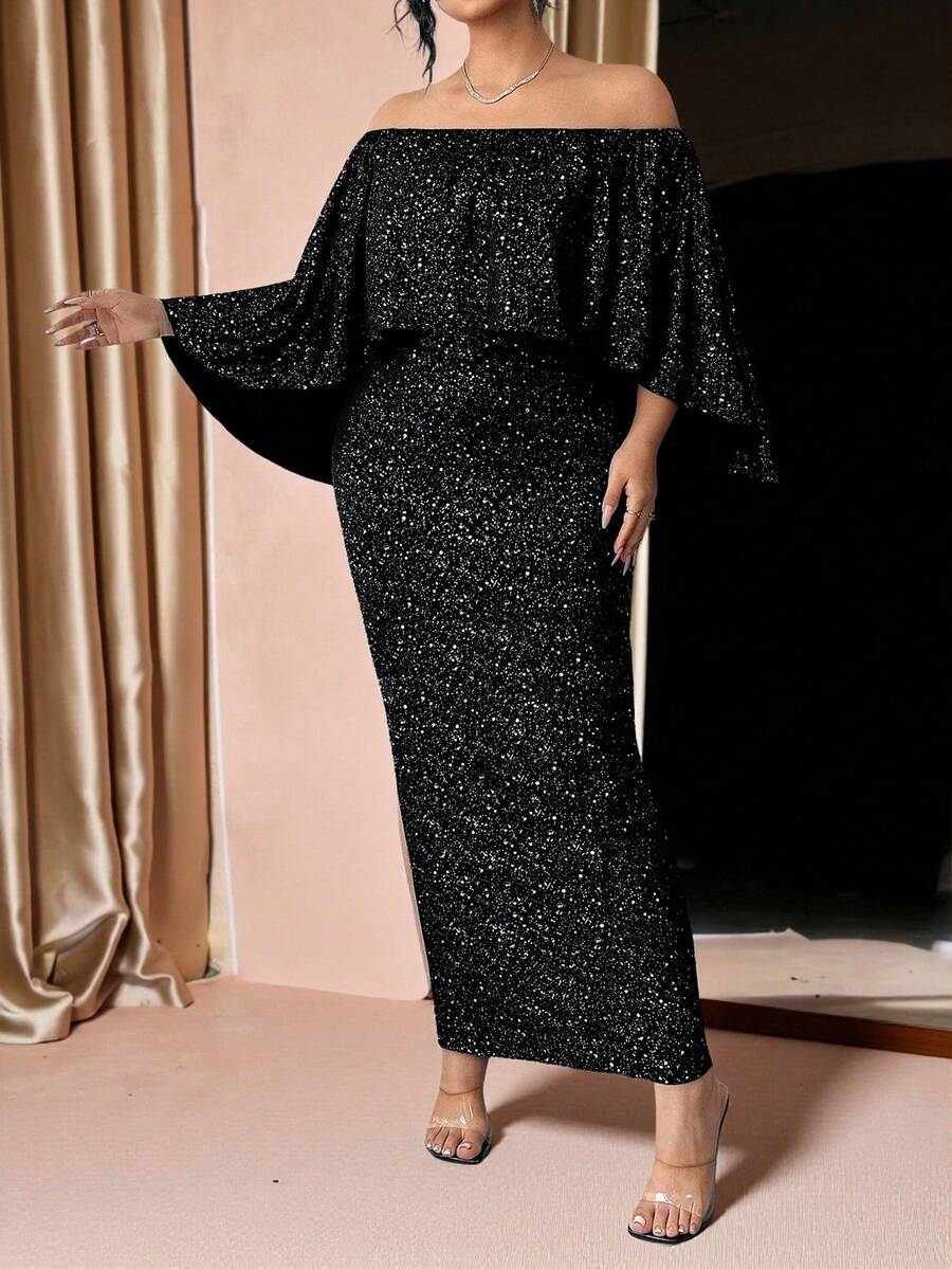 Cravure Đầm ôm body hở vai nhún bèo lấp lánh cỡ lớn cho nữ - màu đen - Xem 1