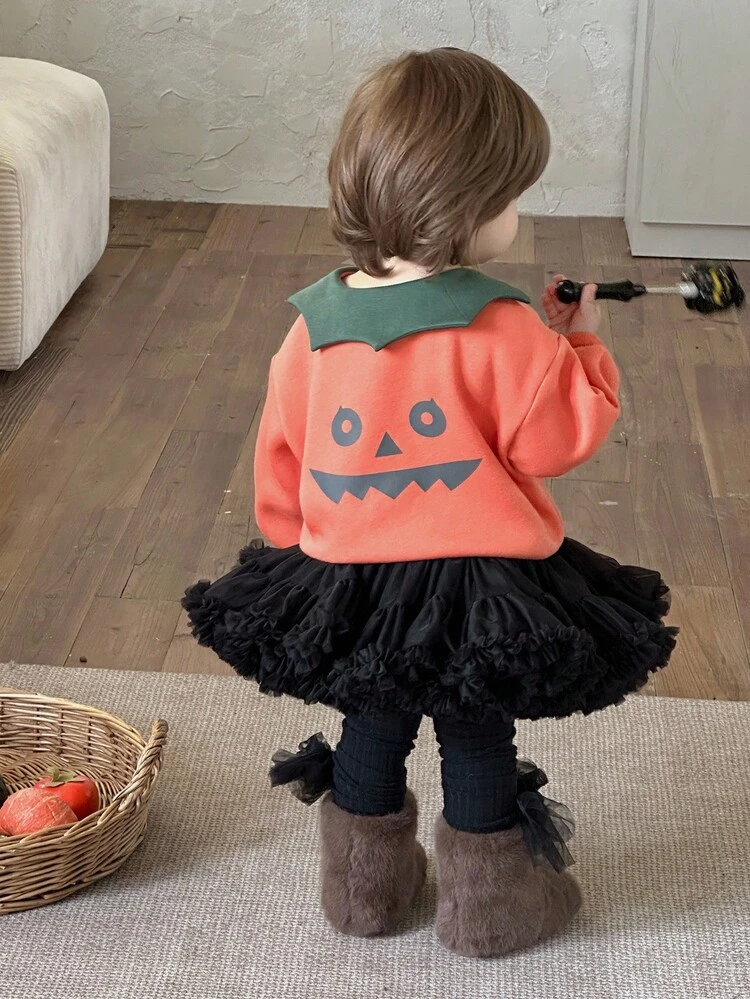 Toddler Girls' Cartoon Print Halloween Cute Korean Style Casual Long Sleeve Sweatshirt, Autumn/Winter