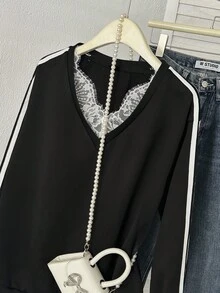 Modelyn New Autumn V-Neck Loose Design Long Sleeve Sweatshirt Without Hood - Multicolor - View 5