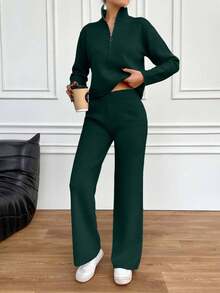 EURMUSE 2pcs Women Casual Solid Color Zip-Up Sweater And Pants Set - Green - View 4
