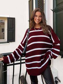 1pc Women's Black & White Striped Crew Neck Loose Fit Long Sleeve Pullover Sweater