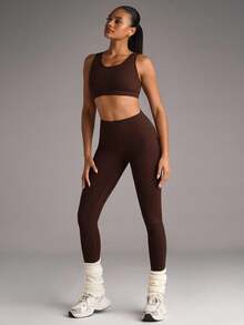 SHEIN BAE Conjunto deportivo de top corto y leggings con estampado de letras para mujer, conjunto de leggings para mujer, conjunto de ropa de gimnasio para mujer