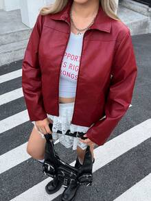 SHEIN EZwear 情人节大码女式休闲拉链前红色长袖夹克，适合圣诞节和冬季 - 酒紅色 - 查看 4