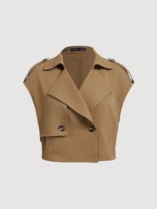 SHEIN MOD Plus Size Coffee Brown Elegant Versatile Sleeveless Belt Short Trench Coat Vest Winter Fall Autumn - Coffee Brown - View 2