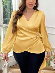 SHEIN Privé Plus Size Women Elegant Solid V-Neck Asymmetrical Pleated Faux Pearl Beaded Ruffle Hem Long Sleeve Blouse, Versatile For Work And Casual Wear, Spring/Autumn