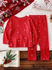 SHEIN 2pcs Girls' Christmas Red Plush Minimalist English Embroidery Long Sleeve Top And Pants Pajama Set Kids Christmas Pajama Set Fall Winter - Red - View 2