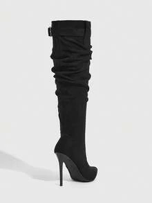 CUCCOO SZL 女士时尚黑色绒面革金属装饰阔腿尖头及膝靴 - 黑色 - 查看 8