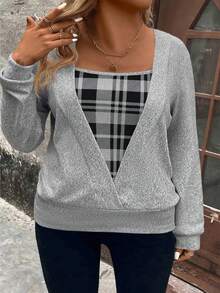 EMERY ROSE Plus Size Plaid Print Patchwork Black Knit Long Sleeve Sweatshirt, Soft Knit, Winter, Fall - Multicolor - View 7