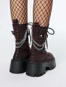 ROMWE Grunge Punk 女士暗黑朋克哥特风系带机车靴，厚底踝靴 - 棕色 - 查看 5