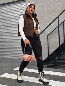 SHEIN EZwear Plus Size Solid Casual Zip Up Vest Winter Coat - Coffee Brown - View 2