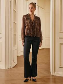 Chiquease Lightweight Ruffle Trim V-Neck Loose Blouse For Women - Coffee Brown - View 3