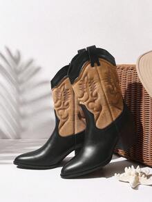 Styleloop Women's Embroidered Color Block Pointed Toe Vintage Ankle Boots - Black - View 2