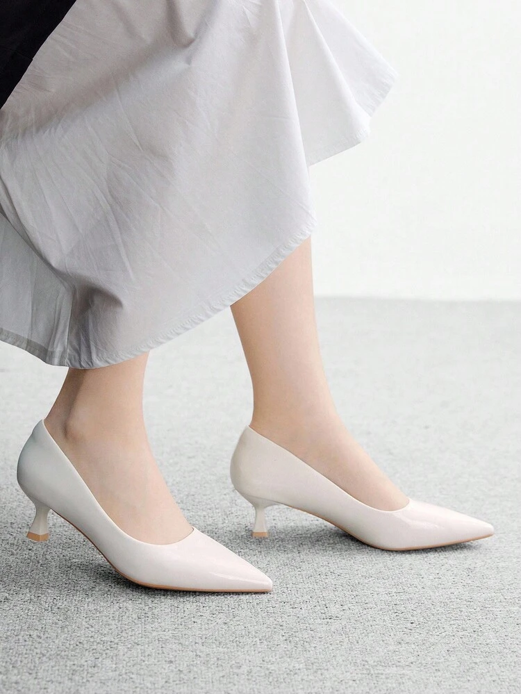 CUCCOO BIZCHIC Women's Pointed Toe Kitten Heel White Elegant Pumps, Suitable For Daily Commute, Work Office Outfit For Christmas Spring Shoes
