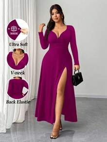 Elenzga Robe de soirée moulante élégante à manches longues et col en V pour femme grande taille, design fendu à la mode et polyvalente