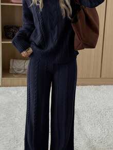 SHEIN EZwear 藏蓝色纯色圆领长袖休闲毛衣和裤子两件套，加大码 - 藏蓝色 - 查看 5