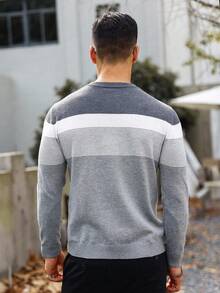 Manfinity Homme Plus Size Men Striped Crew Neck Long Sleeve Casual Sweater, Autumn/Winter - Grey - View 2