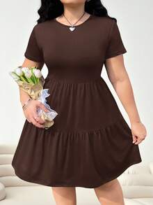 Solflare Black Short Sleeve Loose Fit Plus Size T-Shirt Dress,Spring Summer Clothes Flowy Dress - Coffee Brown - View 4