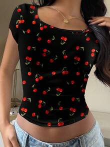 SHEIN EZwear Áo thun nữ cổ tròn tay ngắn in họa tiết quả anh đào tối giản, thoải mái, phù hợp cho mùa hè - Nhiều màu - Xem 4
