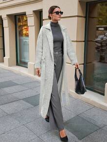EURMUSE Maxi Cardigan With Belt Outwear Jacket Fall Winter - Beige - View 1