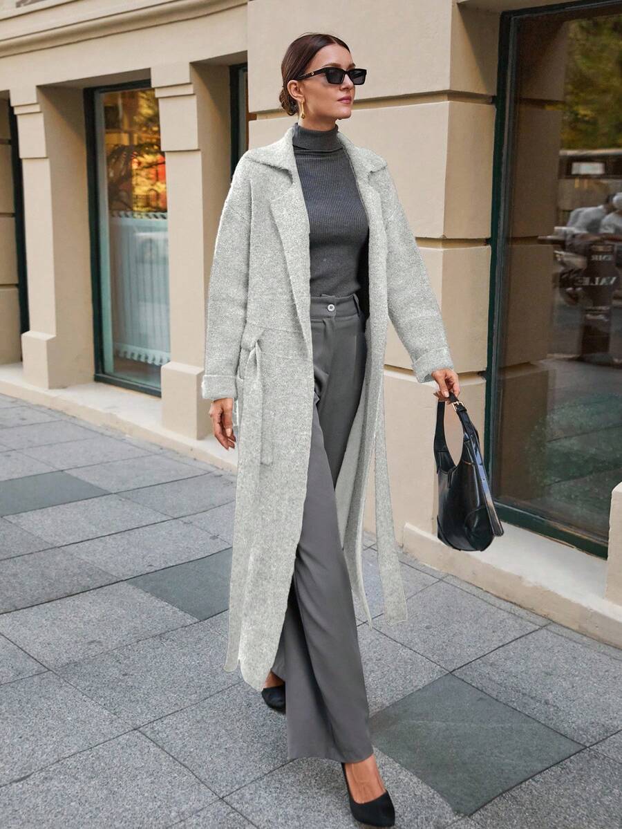 EURMUSE Maxi Cardigan With Belt Outwear Jacket Fall Winter - Beige - View 1