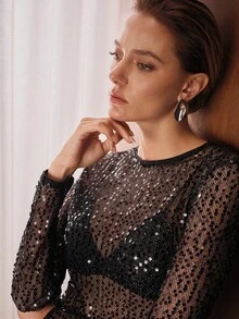 MOTF PREMIUM SEQUIN EMBROIDERED FASHIONABLE BASIC KNIT UNDERSHIRT - Black - View 6