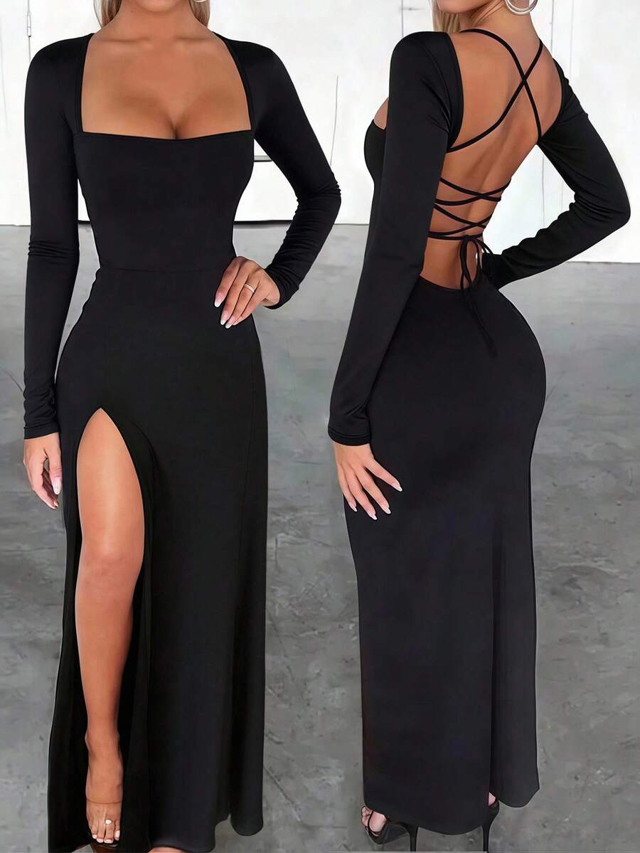 V neck Backless Lace up Slim Fit Pleated Dress