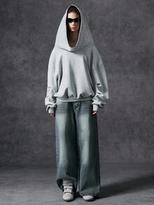 LYSMO Áo sweatshirt nữ dáng rộng vai rớt màu trơn tối giản phong cách thu đông 2025, áo sweatshirt oversized màu xám, áo hoodie nữ màu xám. - Màu Xám nhạt - Xem 6