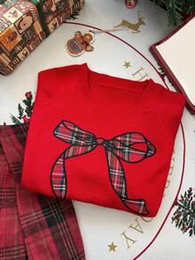 DAZY Tween Girls' Christmas Round Neck Bow Embroidered Sweater,New Year - Red - View 5