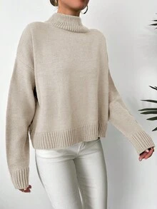 EURMUSE Women's High Collar Long Sleeve Casual Solid Color Simple Sweater - Beige - View 4