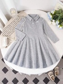 Young Girl Casual Everyday Butterfly Embroidery Dress, Autumn - Light Grey - View 5