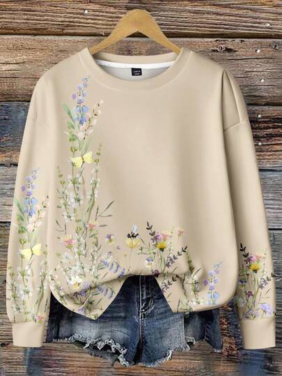 SHEIN LUNE Casual Vintage Floral Print Pattern Loose Fit Crew Neck Long Sleeve Sweatshirt For Women In Fall/Winter