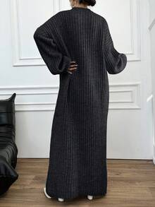 EURMUSE Women's Casual Solid Color Round Neck Long Sleeve Sweater Dress - Dark Grey - View 2