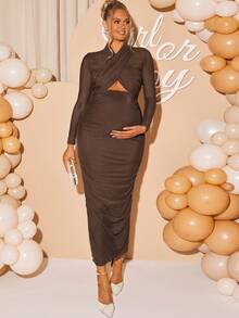 Loomaby Elegantes, einfarbiges, ausgehöhltes, gerüschtes, tailliertes Umstandskleid für die Party, Kleid zur Enthüllung des Geschlechts, Umstandskleid für Babyparty