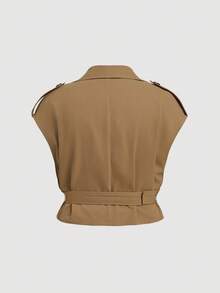 SHEIN MOD Plus Size Coffee Brown Elegant Versatile Sleeveless Belt Short Trench Coat Vest Winter Fall Autumn - Coffee Brown - View 3