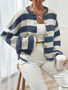 EURMUSE 女士条纹圆领前扣开衫