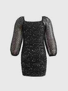 SHEIN Young Girl Knitted Puff Sleeve Square Neck Casual Dress - Black - View 2