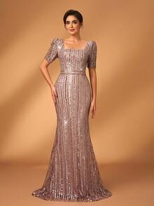 Serin 优雅奢华串珠、亮片和水钻设计美人鱼袖连衣裙，适合婚礼、单身派对、度假、庆典、新娘母亲晚礼服 - 藕粉色 - 查看 5