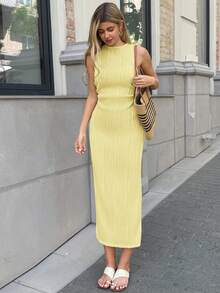SHEIN LUNE 休闲女式杏色针织纹理紧身连衣裙 - 黃色 - 查看 4
