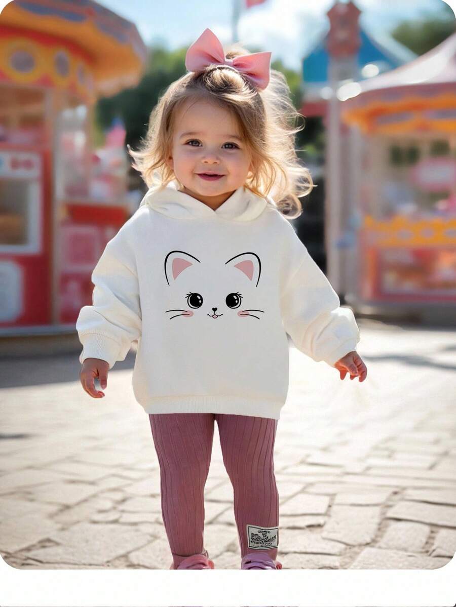 SHEIN 女婴可爱卡通图案连帽卫衣和松紧腰裤套装,秋冬猫咪图案女婴服装,女婴冬季服装套装,女婴秋季服装,女婴卫衣,女婴卫衣 - 彩色 - 查看 1