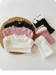 SHEIN Set 6 Potong Bayi Perempuan Hitam Putih, Musim Gugur, Lucu, Seragam Keluarga, Atasan dan Celana Rajut Bergaris Warna Polos, Set Sweater Lengan Panjang Lembut untuk Musim Dingin - MultiWarna - View 1