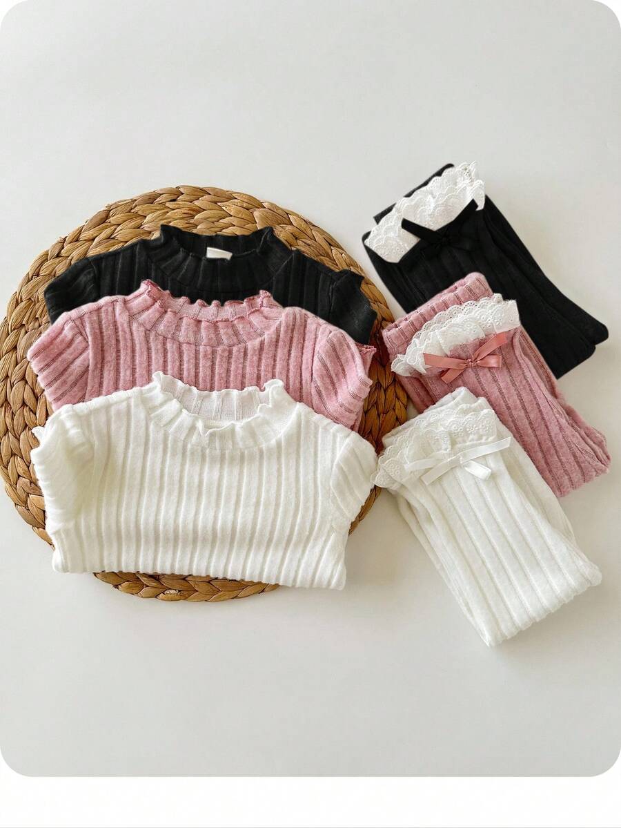 SHEIN Set 6 Potong Bayi Perempuan Hitam Putih, Musim Gugur, Lucu, Seragam Keluarga, Atasan dan Celana Rajut Bergaris Warna Polos, Set Sweater Lengan Panjang Lembut untuk Musim Dingin - MultiWarna - View 1
