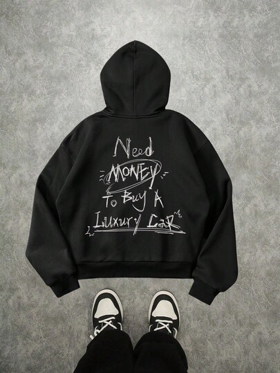 Manfinity ZONE917 Men Casual Street Graffiti "NEED MONEY" Slogan Print Oversized Loose Cropped Hoodie, Black, Fall/Winter