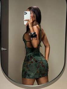 Slaydiva 2025 Summer New Style, Birthday Party, Back To School Season, Preppy Style, Student Wear, Everyday Outing, Basic Versatile, Casual, Vacation, Cruise Travel, Influencer Hot Style, Street Style, Sexy Club, Grunge Style, Millennial Y2K Sexy Hottie, Halter Neck Strap, Front Cutout, Beaded Decoration, Sexy Large Backless, Green Flocked Fabric, Tight Hip, Summer Mini Dress, Women's Dress Y2k Dress - Army Green - View 1