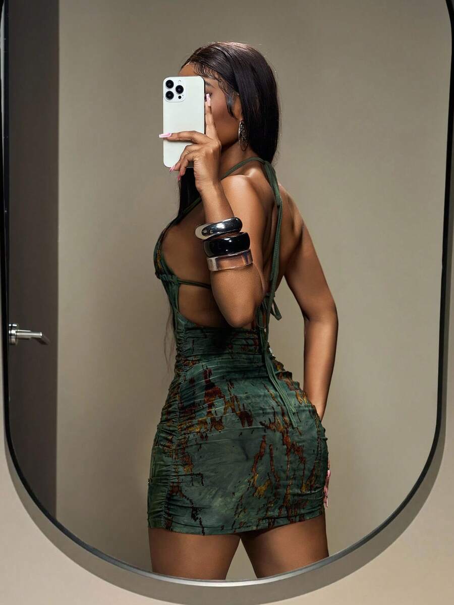 Slaydiva 2025 Summer New Style, Birthday Party, Back To School Season, Preppy Style, Student Wear, Everyday Outing, Basic Versatile, Casual, Vacation, Cruise Travel, Influencer Hot Style, Street Style, Sexy Club, Grunge Style, Millennial Y2K Sexy Hottie, Halter Neck Strap, Front Cutout, Beaded Decoration, Sexy Large Backless, Green Flocked Fabric, Tight Hip, Summer Mini Dress, Women's Dress Y2k Dress - Army Green - View 1