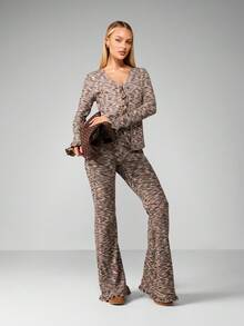 MISSGUIDED Space Knit Long Sleeve Tie Front Two Piece Set Modern Lounge Co Ord Fall Winter Flare Pants Ruffle Trim Marled Knit Matching Outfit