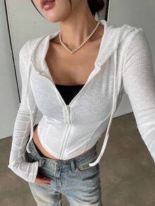 DAZY Women's Solid Color Front Zipper Drawstring Minimalist Hooded See-Through Casual Top Y2k Women Jacket,Fall Women Clothes - White - View 3
