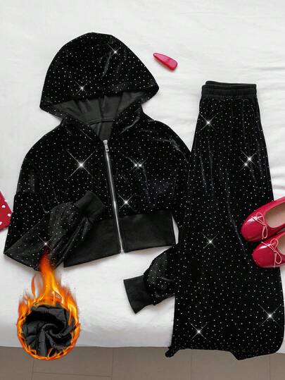 Comfortcana 2件套女士时尚水钻装饰连帽衫和裤子套装