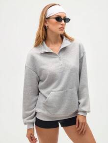 Gameset SHEIN Sport 女式休闲简约拉链半拉链口袋连帽衫，秋季 - 灰色 - 查看 4